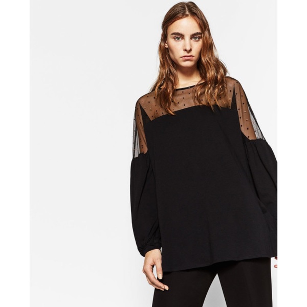 NWT Zara Black Sheer Shoulder Flowing Blouse